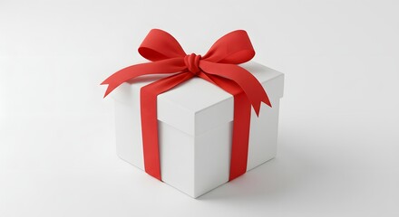 A beautifully wrapped gift box, featuring a bright red bow on a pristine white backdrop.