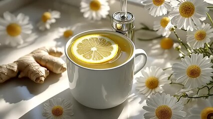 Soothing tea with lemon and ginger amidst fresh chamomile flowers