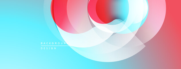 Abstract design features overlapping circles. Blue, red, white gradients create modern visual effect. Minimalist background suitable for presentations.