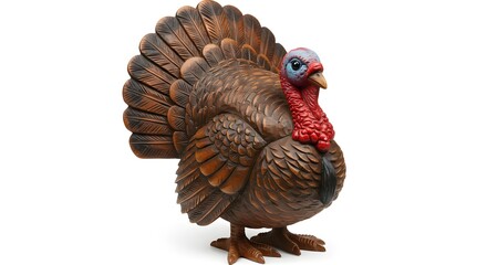 A beautifully crafted wooden turkey sculpture, rich in detail, poses on a plain white background.