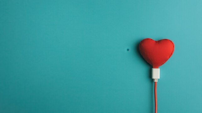 Heart-Shaped Object with USB Cable Against a Vibrant Turquoise Background for Love and Technology Concepts