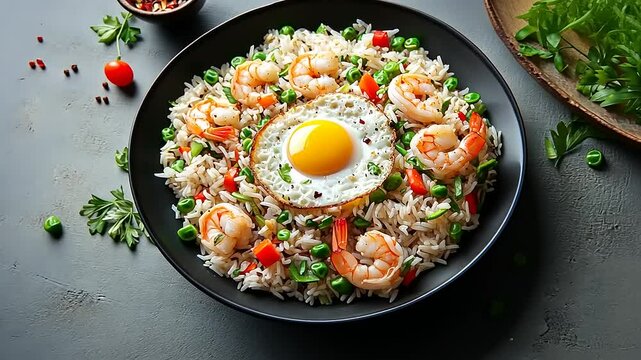 Delicious fried rice with seafood, vegetables and fried egg served in a black plate on a gray background