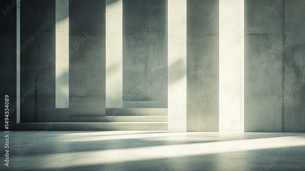 Poster concrete interior with light beams shining through vertical structures. shadows and steps add depth