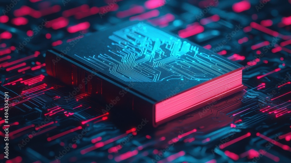 Poster futuristic book with neon circuit design on digital abstract background in vibrant colors