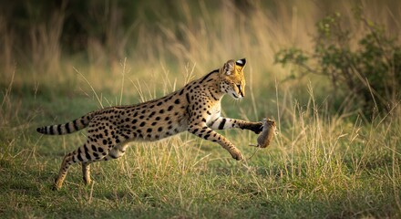 Serval Cat Leaping, Hunting Prey in African Savanna