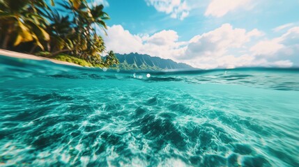 Vibrant Tropical Seascape with Crystal Clear Water and Lush Green Islands Under Scenic Blue Sky