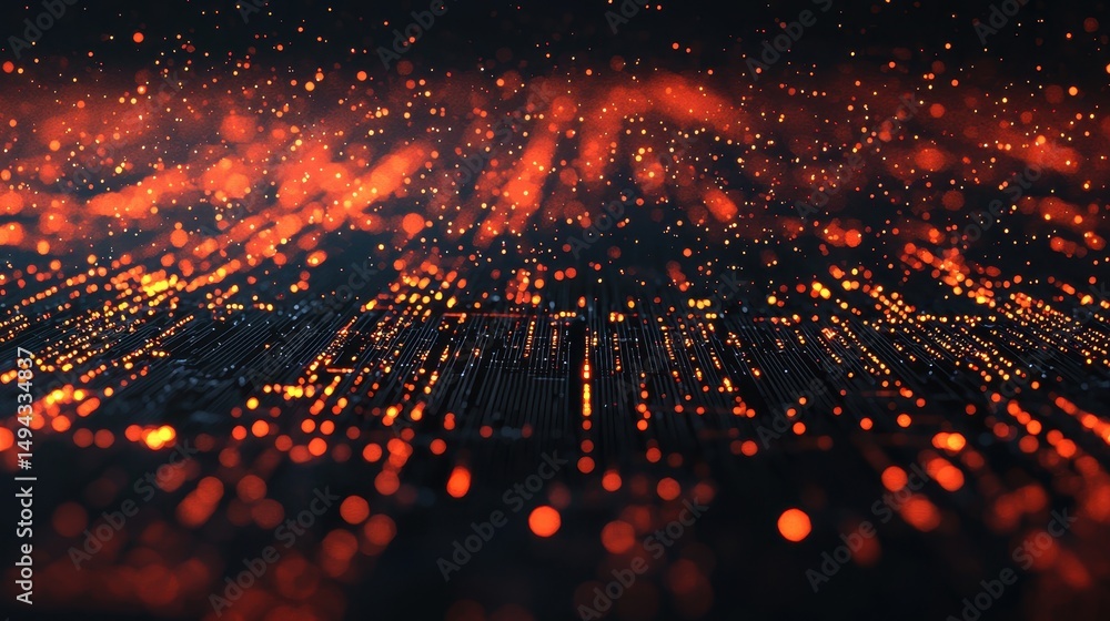 Poster abstract digital background with glowing orange particles and flowing lines in a dark setting