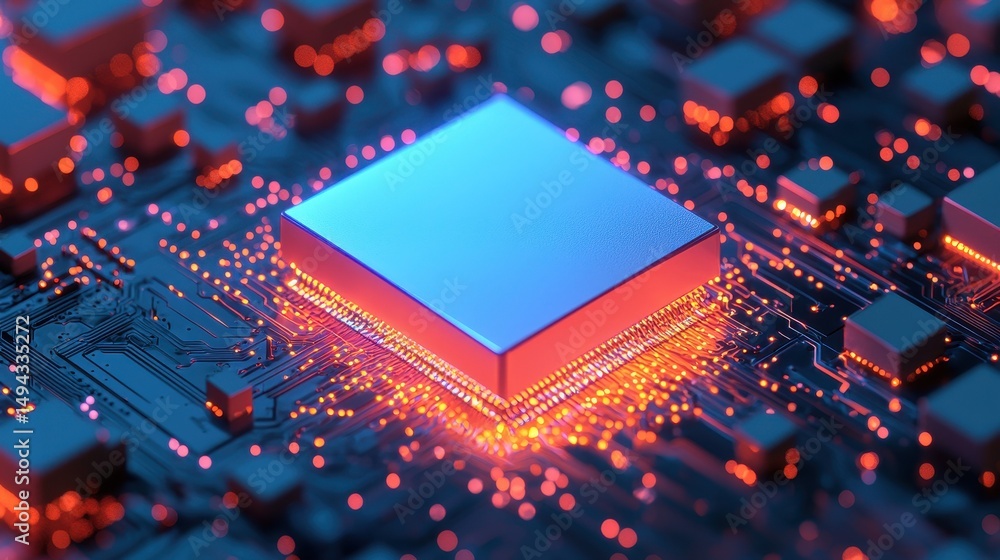 Poster abstract close-up of a glowing microchip on a circuit board, showcasing technology and digital innov