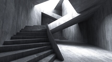 Abstract concrete interior featuring stairs and geometric beams, playing with light and shadows