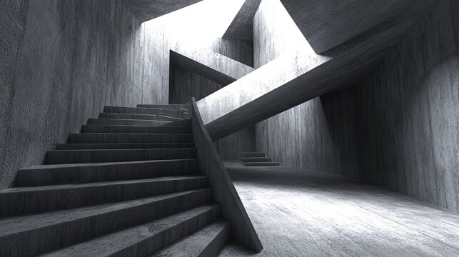 Abstract concrete interior featuring stairs and geometric beams, playing with light and shadows