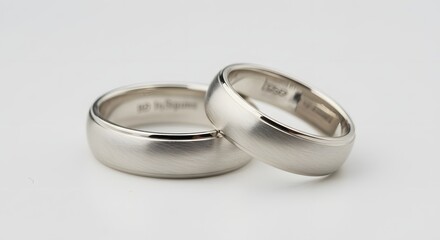Beautiful pair of wedding rings made of silver, placed on a white surface, close up view.