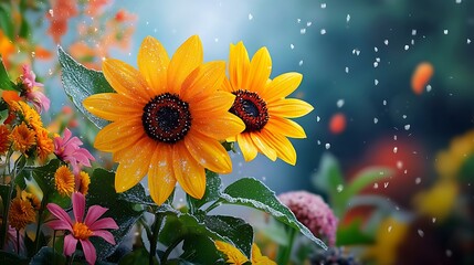 there are two sunflowers that are standing in the rain