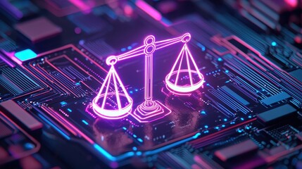 Neon Scales of Justice on Circuit Board Background Representing Law and Technology in Digital Age