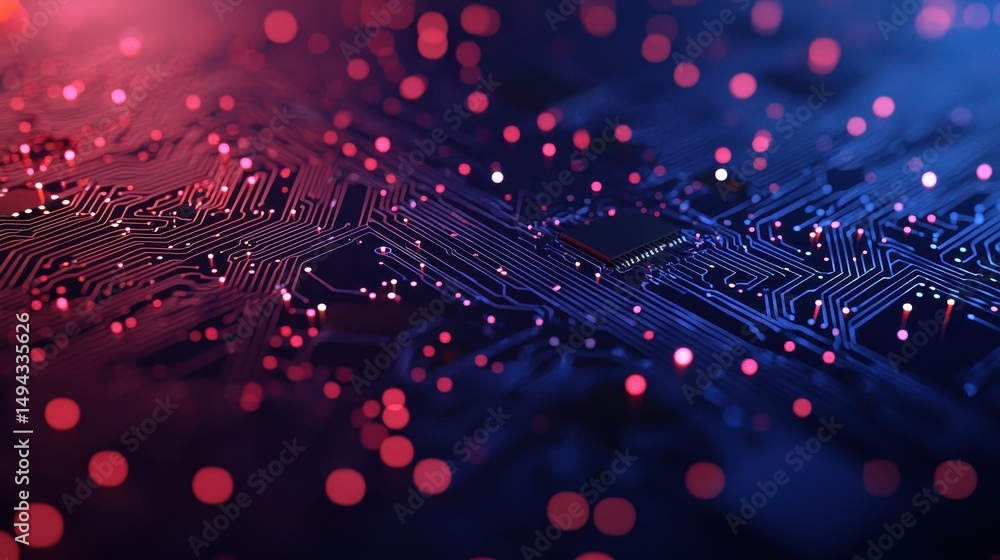 Poster abstract digital circuit board with glowing lights and colorful bokeh effect in a futuristic setting