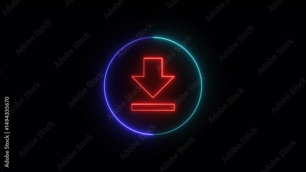 Poster neon download icon with glowing circular frame illuminated against a dark background representing di