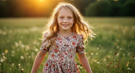 A young girl smiles in a field at sunset