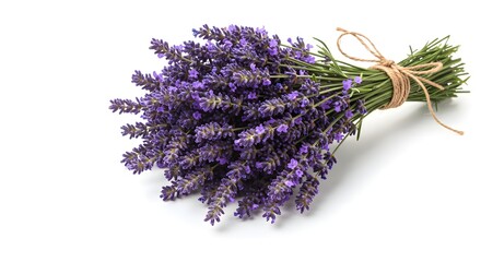 Close-up shot of a lavender bouquet tied with a twine ribbon, showcasing natural beauty.