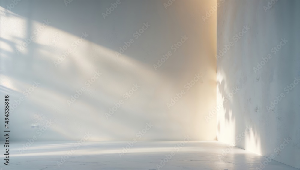 Poster soft sunlight streams through a window, casting serene shadows in a minimalist indoor space with whi