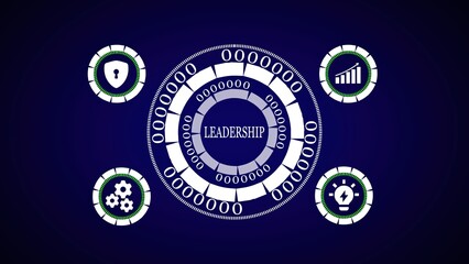 Conceptual illustration of leadership with icons representing security, growth, innovation, teamwork and ideas on a blue background