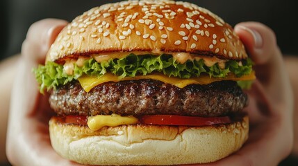 Juicy hamburger with fresh vegetables and cheese held by hands ready to enjoy a delicious meal in restaurant setting