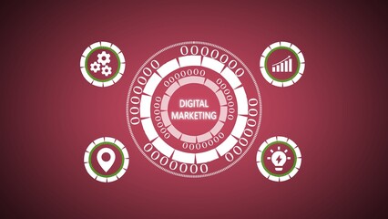 Digital marketing concept represented with circular infographic and various icons illustrating key business strategies and ideas