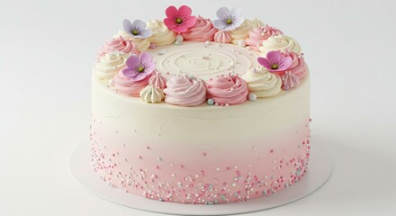Delicious Pink Ombre Cake Decorated with Buttercream Flowers and Sprinkles