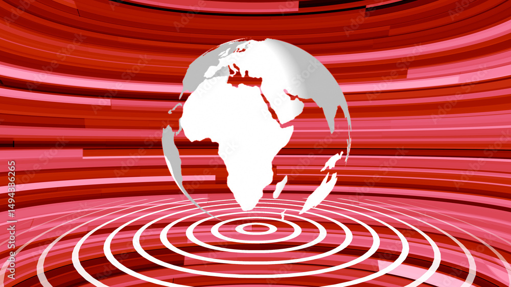 Poster modern abstract globe concept with radial lines and red background illustrating global communication