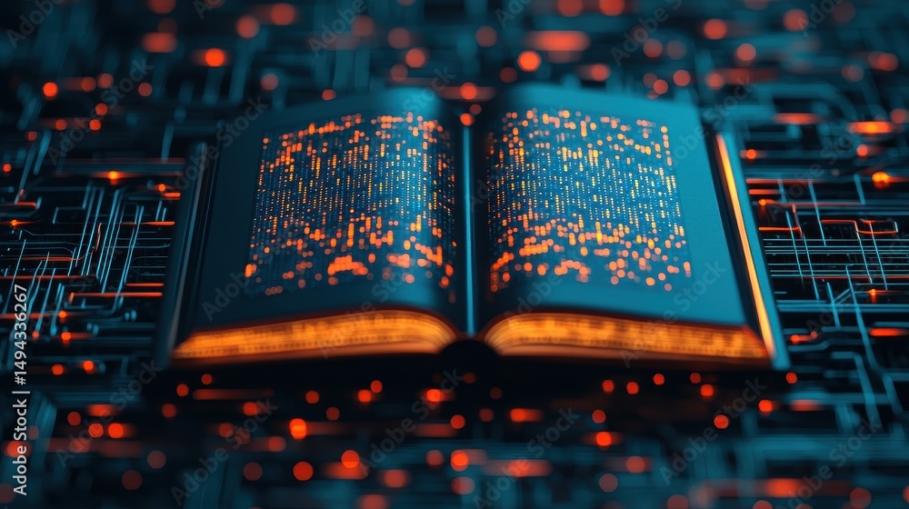 Poster open book with glowing text on a circuit board background representing knowledge and technology fusi