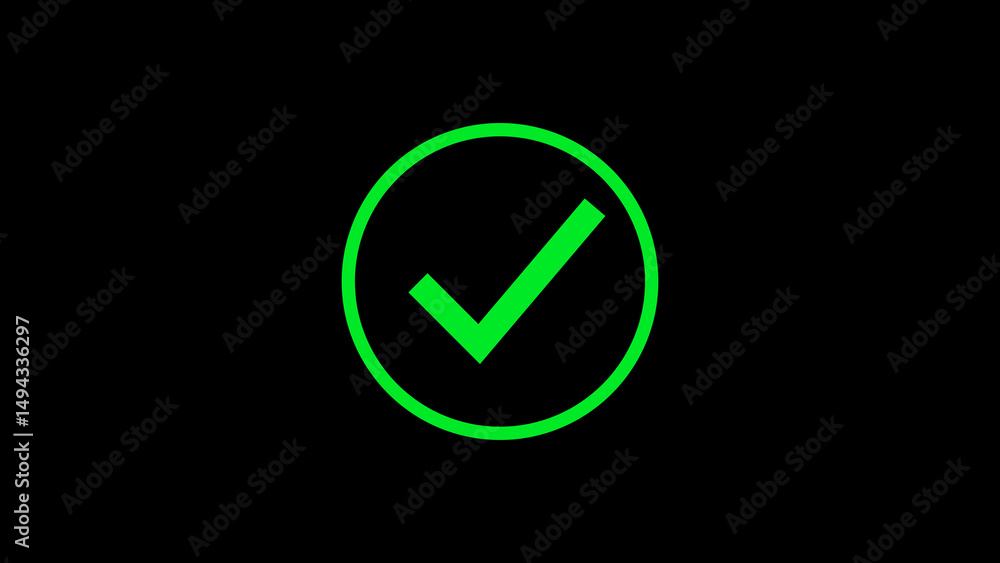 Poster green check mark in circle on black background represents approval and success in various concepts