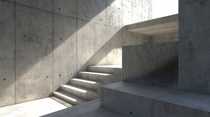 Concrete stairs and surfaces bathed in natural light, creating shadows and geometric patterns