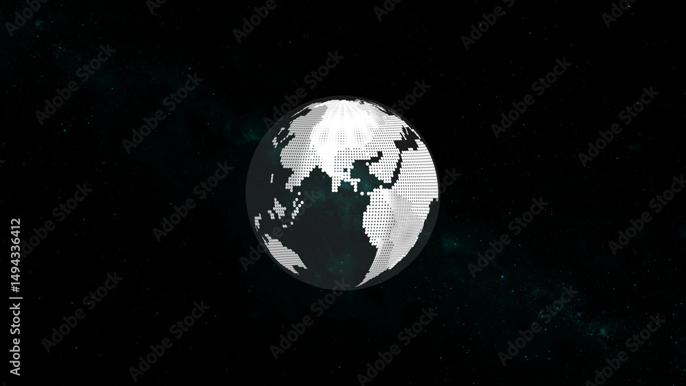 Poster abstract 3d rendering of a pixelated earth globe floating in a dark starry space representing global