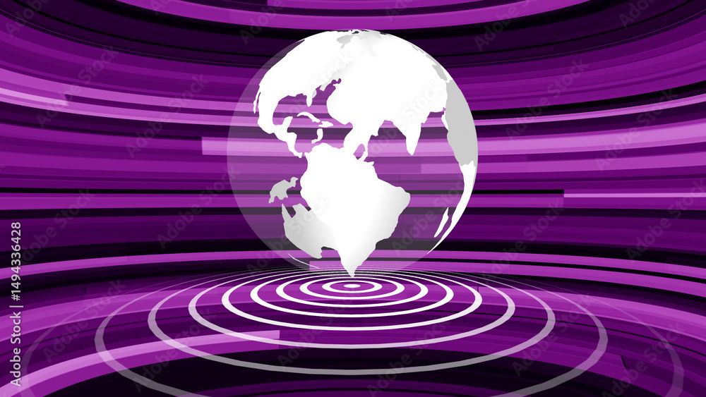 Poster abstract digital world globe with radial lines and curving motion on a purple background ideal for t