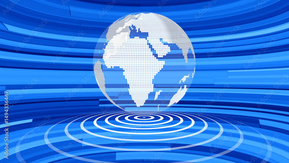 Aufkleber futuristic global news studio with a 3d dotted globe surrounded by abstract blue circular lines and 