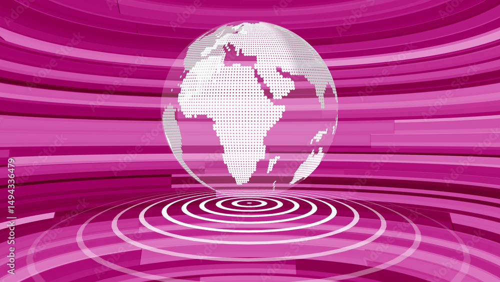 Poster abstract digital rendering of a globe surrounded by swirling pink and purple lines reflecting global