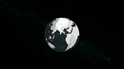 Abstract 3d rendering of a pixelated earth globe floating in a dark starry space representing global interconnectedness and data visualization.