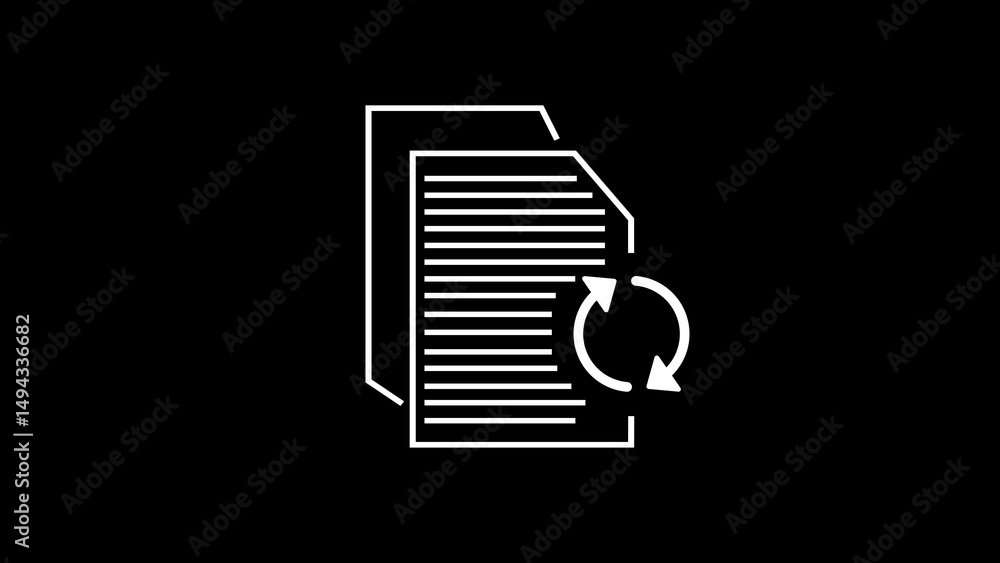 Aufkleber data synchronization and document update illustrated in modern minimalist white icon on black backgr