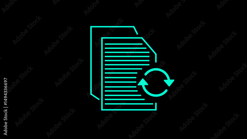 Poster document update concept depicted with glowing line icon and circular arrow on black background perfe