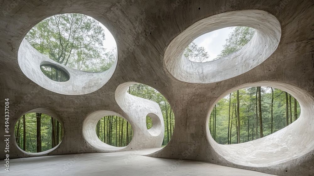 Poster concrete structure with unique, circular openings framing a lush green forest view