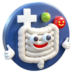 Obraz premium Cheerful cartoon intestine with big eyes, a smiling mouth, and two thumbs up, decorated with a green apple and smiley face.