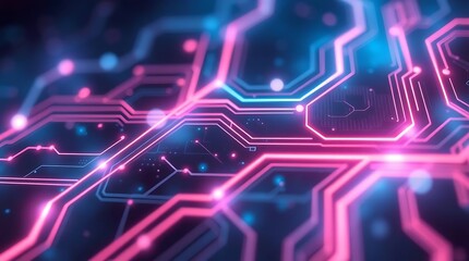 Obraz premium Abstract circuit board close-up with glowing neon pink and blue pathways and small bright nodes on a dark background, suggesting technology and connectivity.