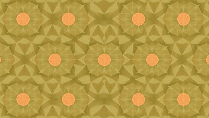 Geometric floral patterns in muted golden yellow and orange form a symmetrical, repeating design.