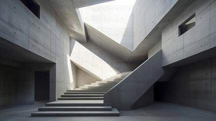Obraz premium Modern concrete interior showcasing architectural design, stairs, and natural light creating captivating shadows
