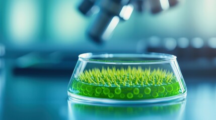 Close-Up View of Petri Dish with Green Microorganisms Under Microscope in Laboratory Environment