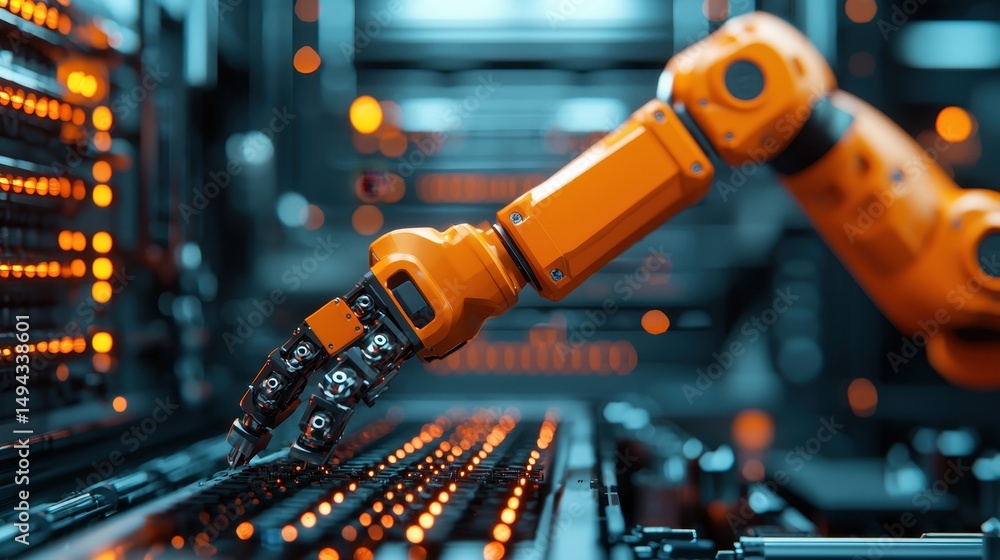 Poster robotic arm working on control panel in modern technology setting with orange and black elements