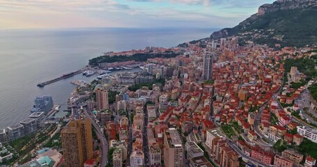 Aerial view of famous a small country Monaco on Mediterranean Sea, modern high-rise buildings, Monte Carlo, Monaco