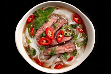 Vibrant Vietnamese Beef Noodle Soup with Fresh Herbs, Chili Peppers, and Rice Noodles in a White Bowl on Black Background