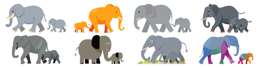 Obraz premium Set of Baby Elephant Walking Flat Vector Illustration on Transparent Background