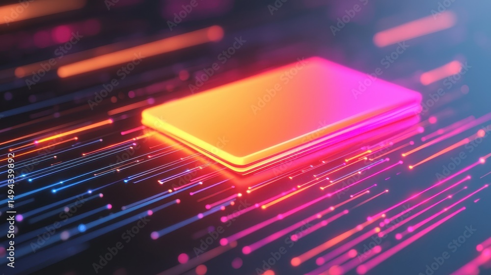 Poster abstract digital design featuring glowing rectangular shapes on a vibrant background with light trai