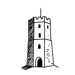 A hand-drawn illustration of a tall, slender tower with crenellations and a simple arched entrance.