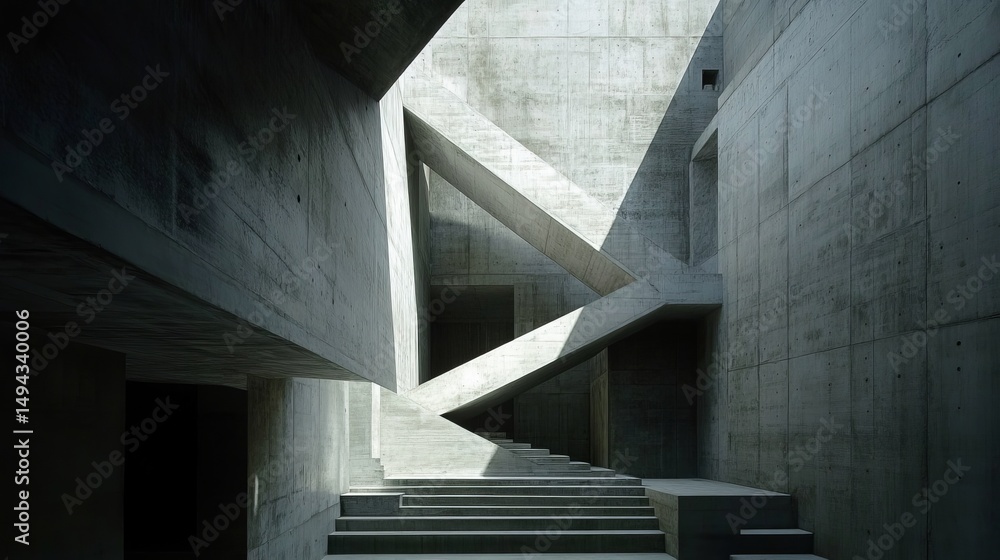 Poster concrete geometric structure with light streaming through a diagonal beam, creating stark shadows